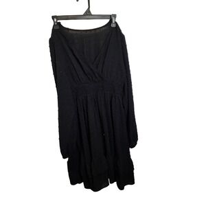 Black Swiss Mini Dress Long Sleeve Smocked Waist Surplice V-Neck Tiered Ruffle